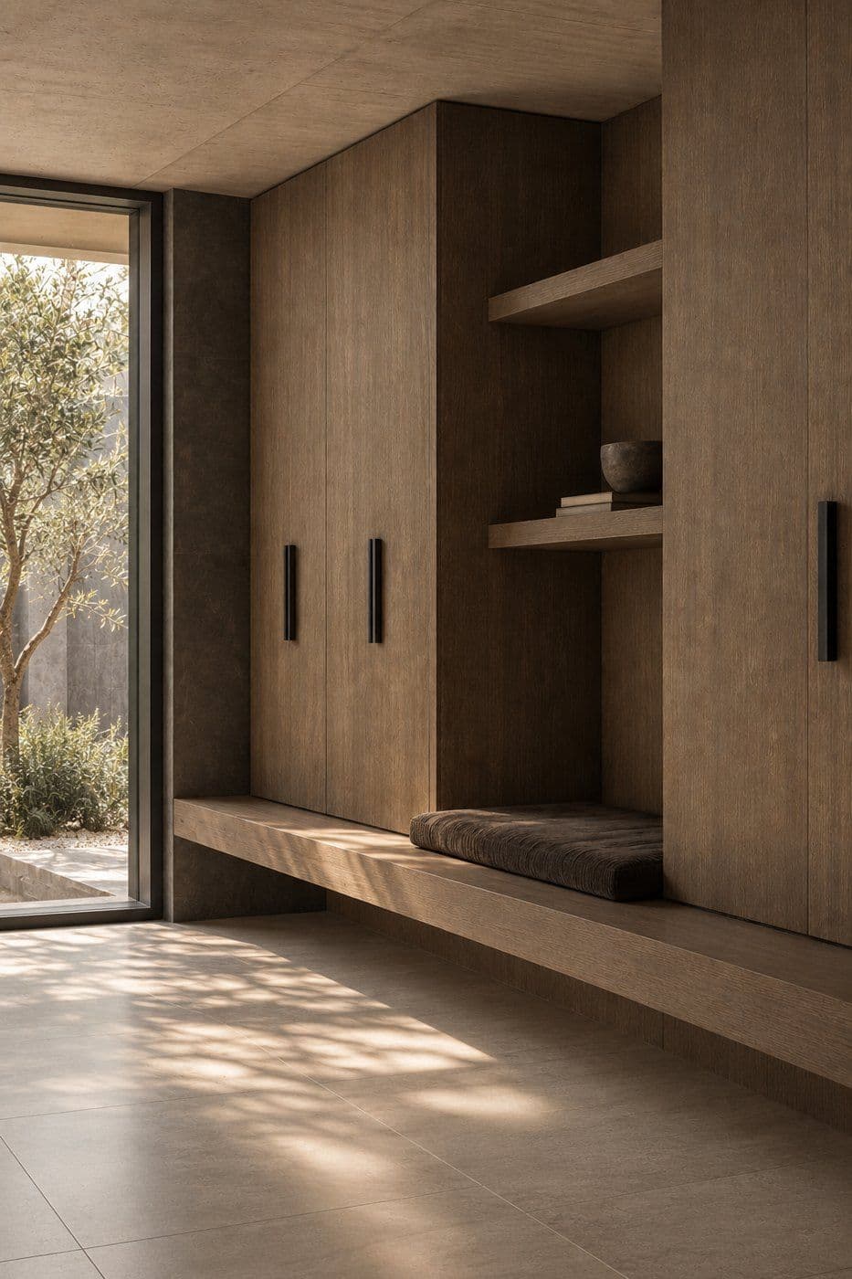 MOAK prefinished oak panels on built-in cabinets and shelving
